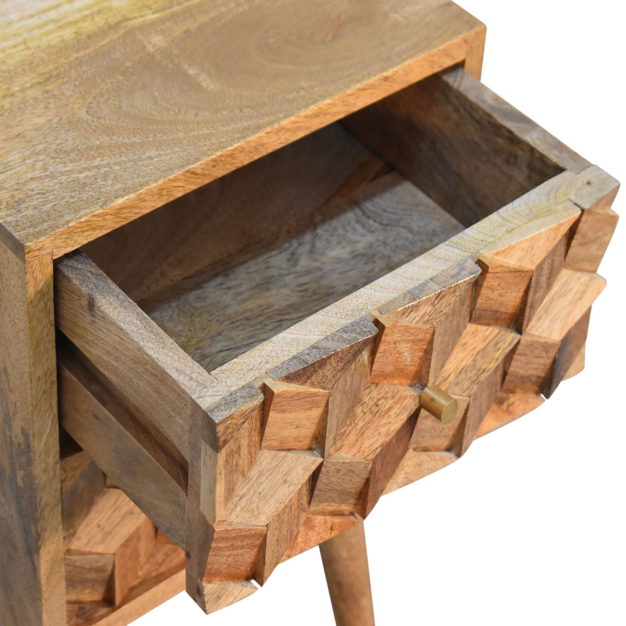 Ubud Small Carved Bedside Table in Oak Finish