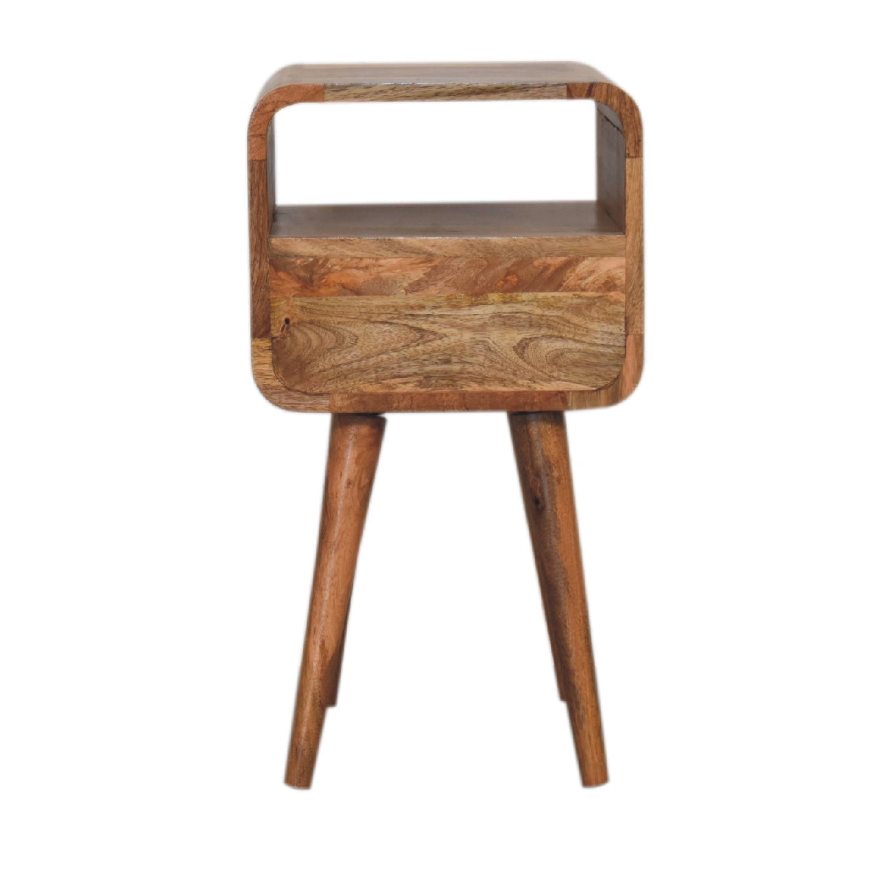 Small Curved Mango Wood Bedside Table in Oak Finish